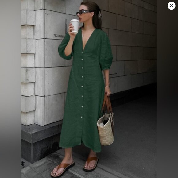 Commense Cotton Linen Button Front Midi Dress Womens M Deep Green NEW - Picture 8 of 8